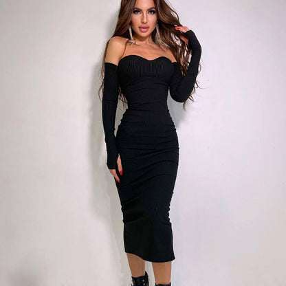 Ribbed Knit Bodycon Dress with Off-the-Shoulder Long Sleeves