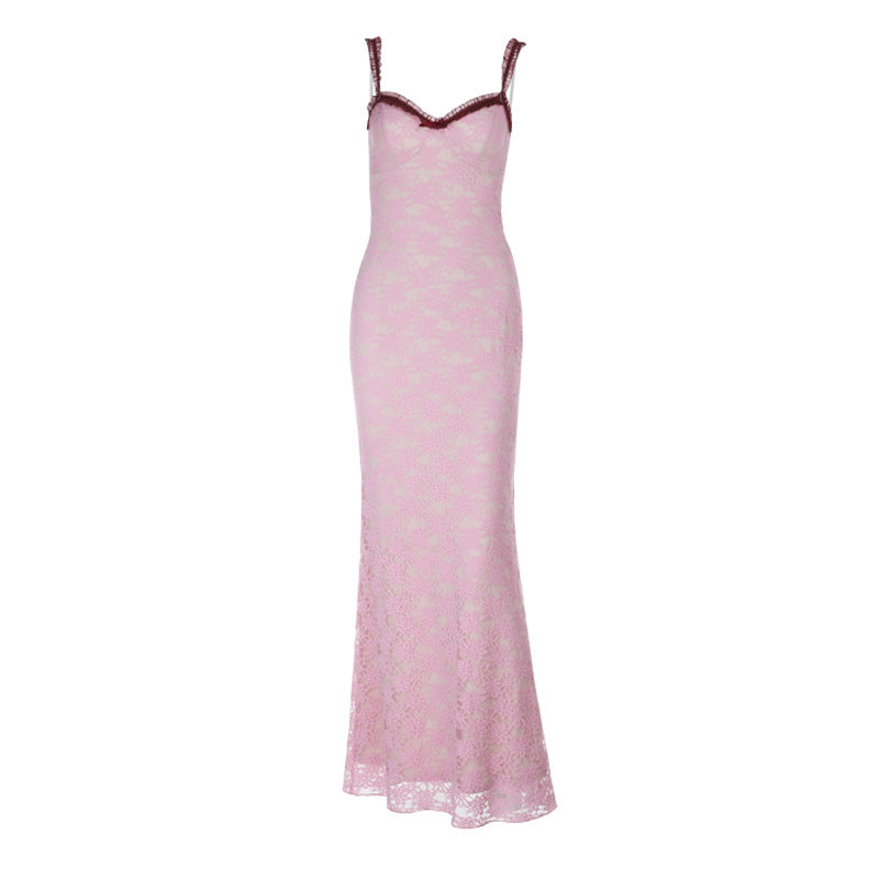 Lace Spaghetti Strap V-Neck Long Dress Floral Print