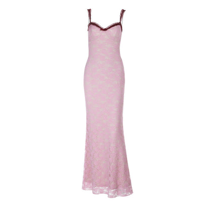 Lace Spaghetti Strap V-Neck Long Dress Floral Print