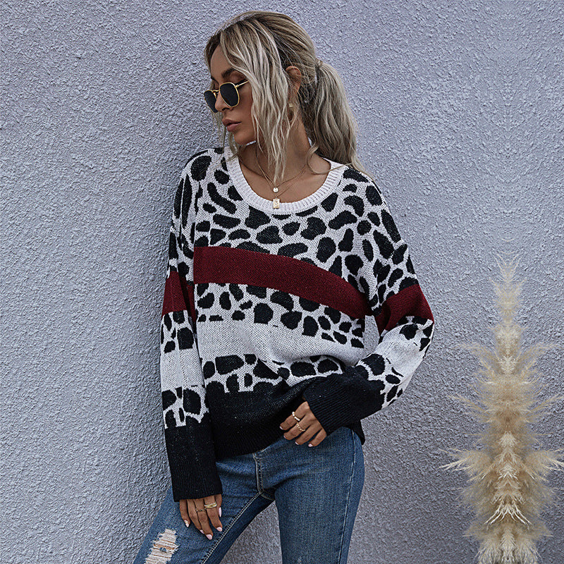 Leopard Print Color-Block Knit Pullover with Crewneck
