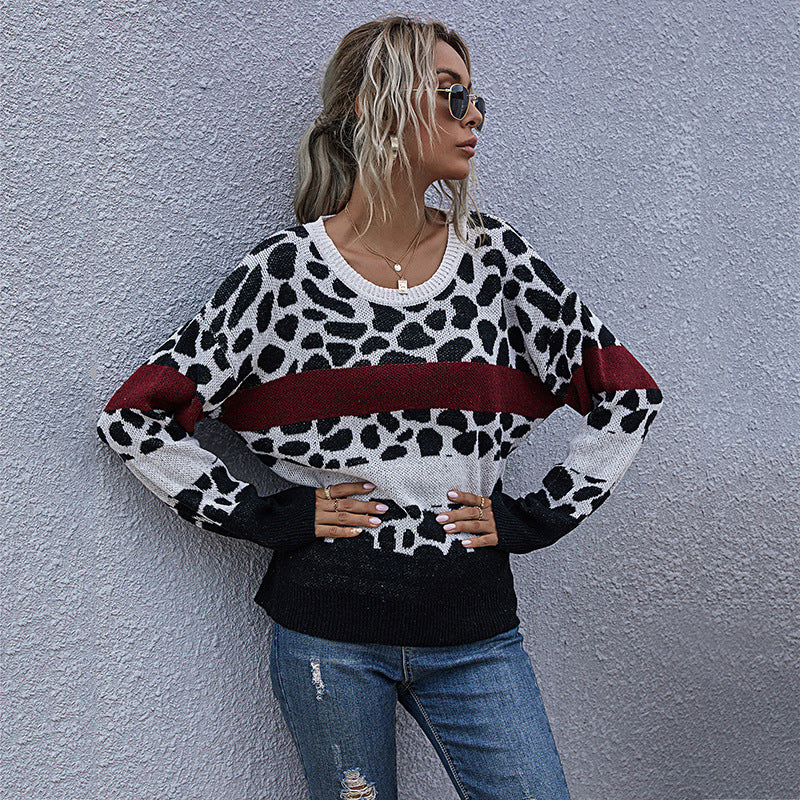 Leopard Print Color-Block Knit Pullover with Crewneck