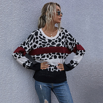 Leopard Print Color-Block Knit Pullover with Crewneck