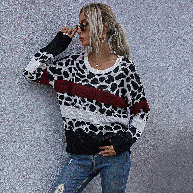 Leopard Print Color-Block Knit Pullover with Crewneck