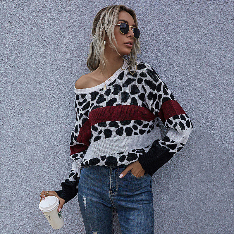 Leopard Print Color-Block Knit Pullover with Crewneck