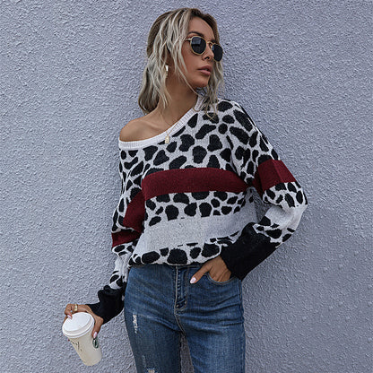 Leopard Print Color-Block Knit Pullover with Crewneck