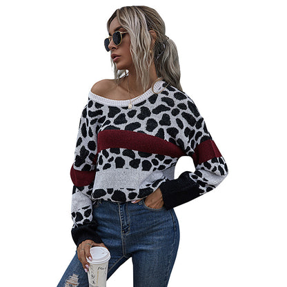 Leopard Print Color-Block Knit Pullover with Crewneck