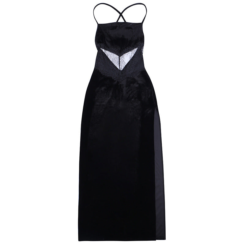 Bodycon Velvet Midi Dress with Lace Inset and Side Slit
