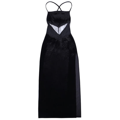 Bodycon Velvet Midi Dress with Lace Inset and Side Slit