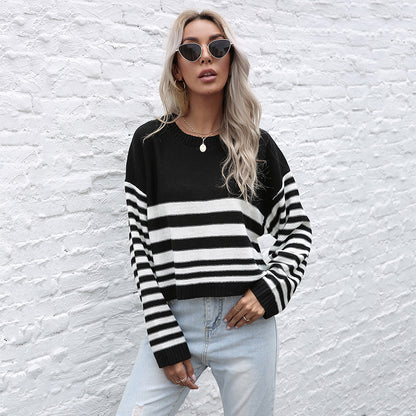 Cropped Striped Knit Sweater with Crew Neck