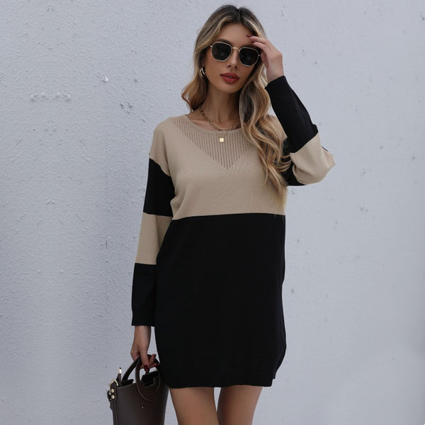 Colorblock Knit Mini Dress with Pointelle Detail