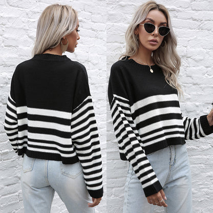 Cropped Striped Knit Sweater with Crew Neck