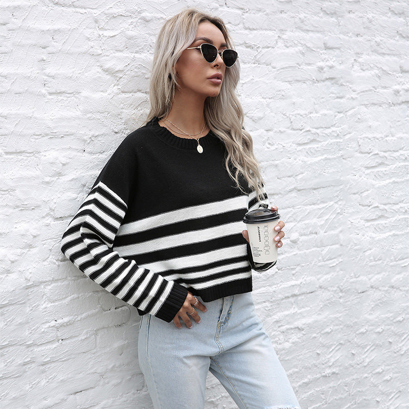 Cropped Striped Knit Sweater with Crew Neck