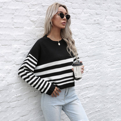 Cropped Striped Knit Sweater with Crew Neck