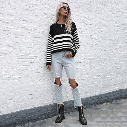 Cropped Striped Knit Sweater with Crew Neck