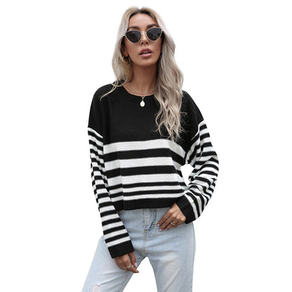Cropped Striped Knit Sweater with Crew Neck