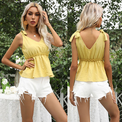 Solid Peplum Top with Tie-Bow Straps and Ruched Waist
