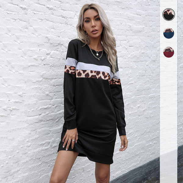 Leopard Print Patchwork Sweatshirt Dress with Side Zipper