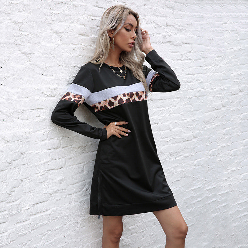 Leopard Print Patchwork Sweatshirt Dress with Side Zipper
