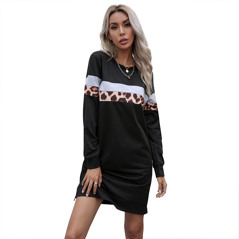 Leopard Print Patchwork Sweatshirt Dress with Side Zipper