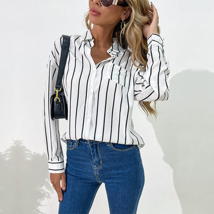 Loose Striped Button-Down Shirt with High-Low Hem