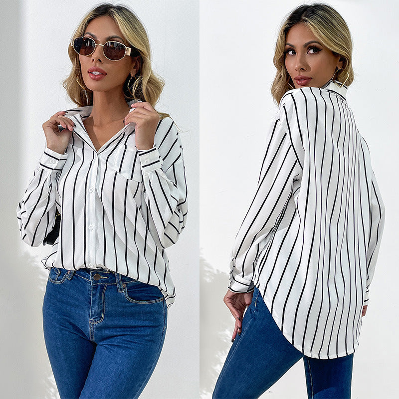 Loose Striped Button-Down Shirt with High-Low Hem