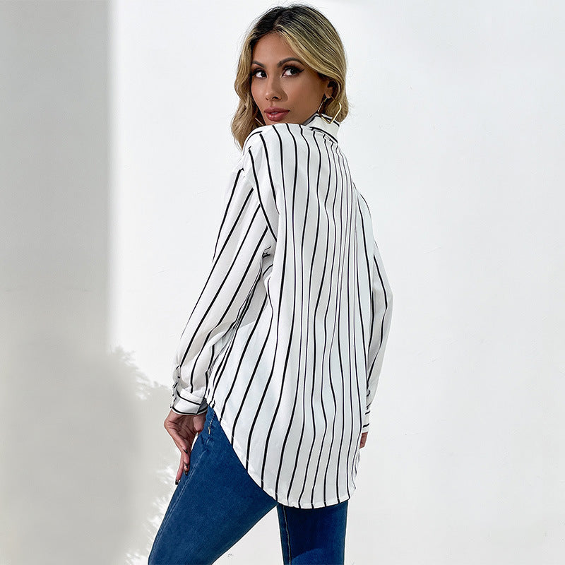 Loose Striped Button-Down Shirt with High-Low Hem