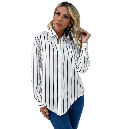 Loose Striped Button-Down Shirt with High-Low Hem