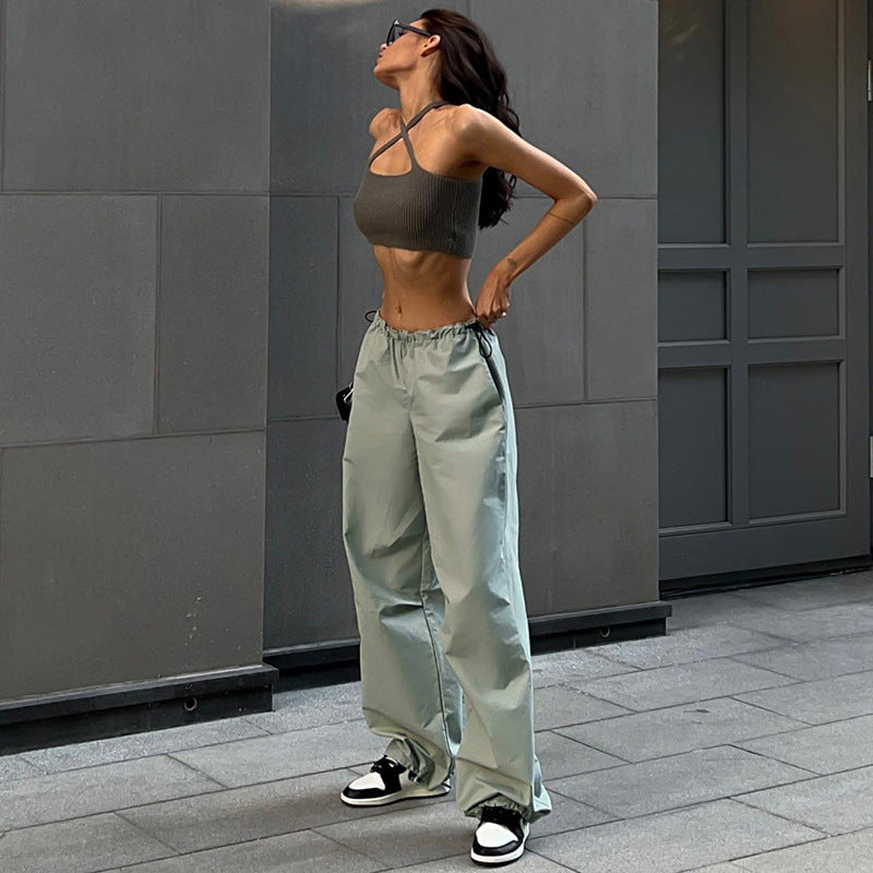 Loose Parachute Trousers with Drawstring Waist and Cuffs