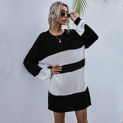Striped Color-Blocked Sweater Dress with Crewneck