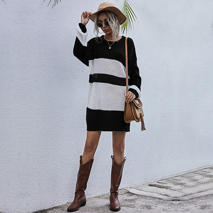 Striped Color-Blocked Sweater Dress with Crewneck