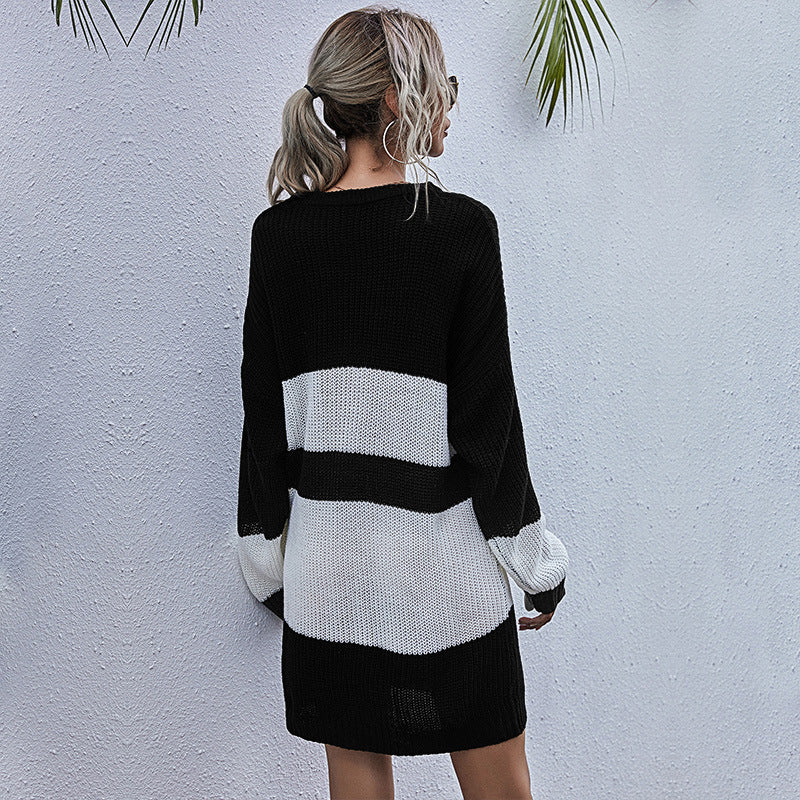 Striped Color-Blocked Sweater Dress with Crewneck