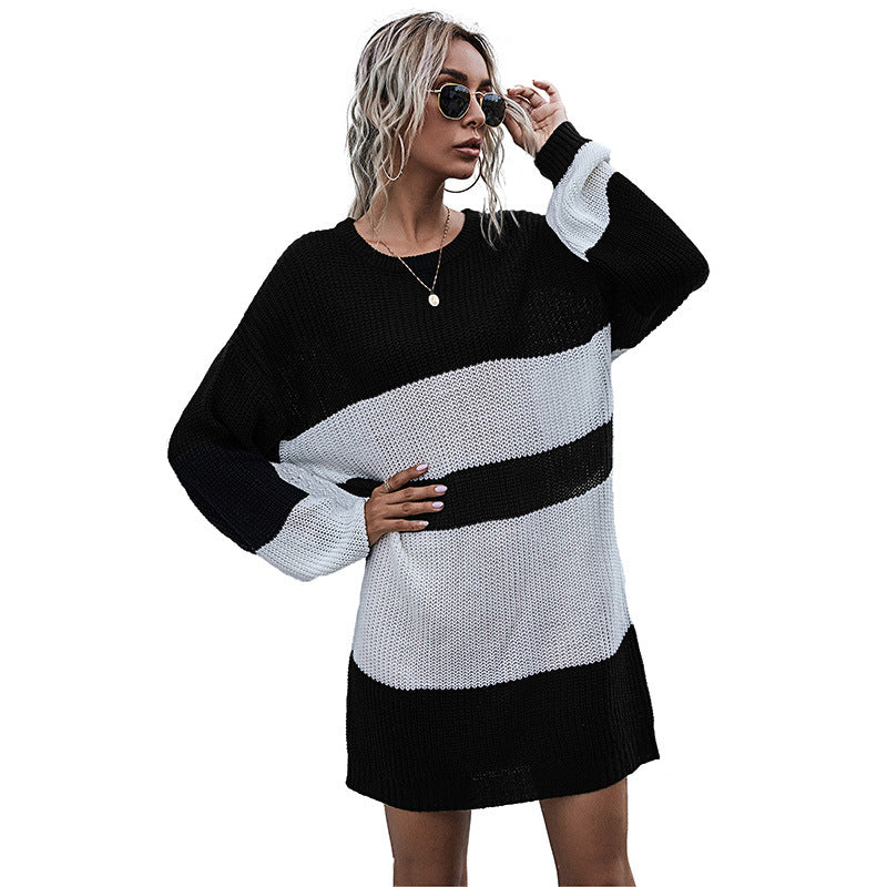 Striped Color-Blocked Sweater Dress with Crewneck