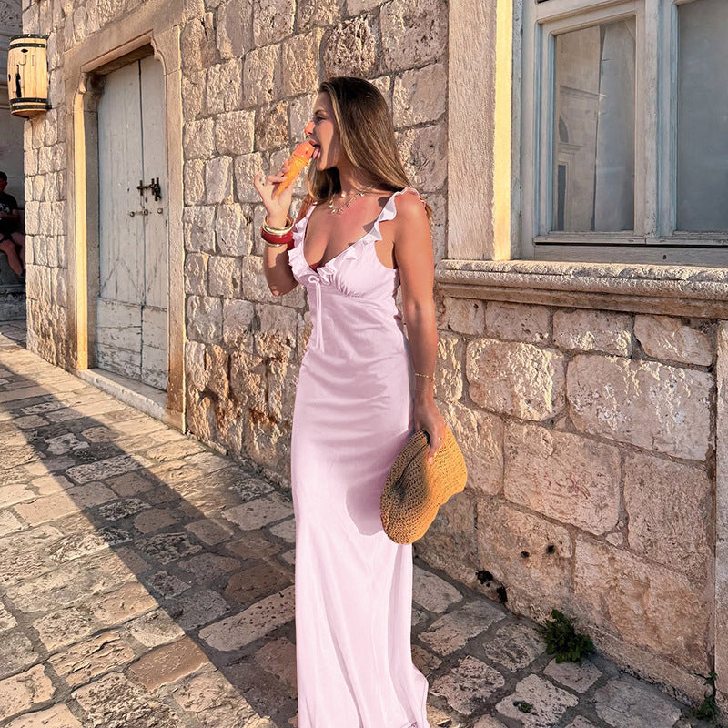 Solid Maxi Dress with Ruffled V-Neck and Tie Front