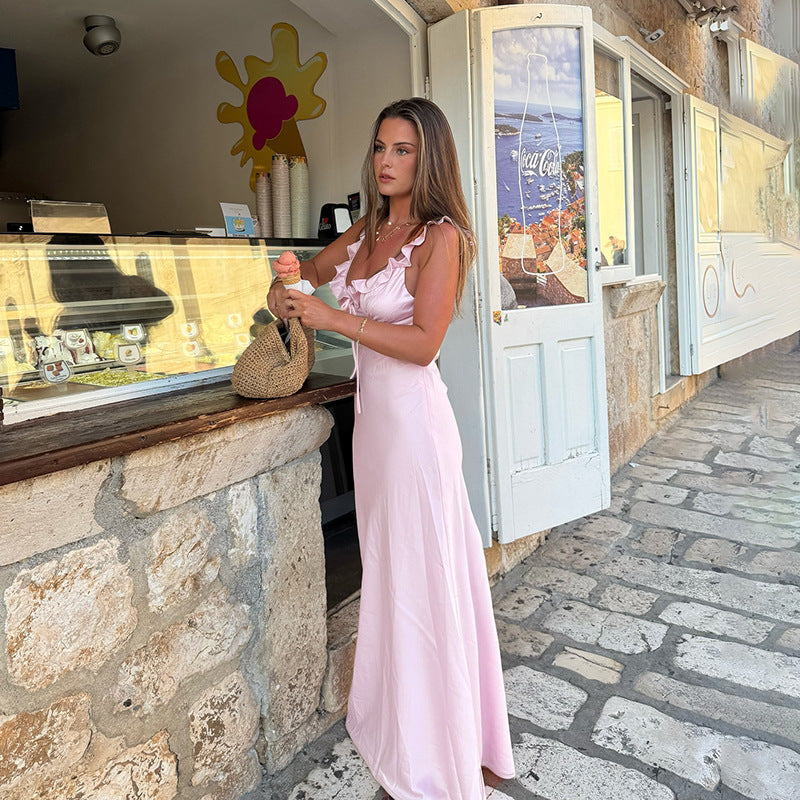 Solid Maxi Dress with Ruffled V-Neck and Tie Front