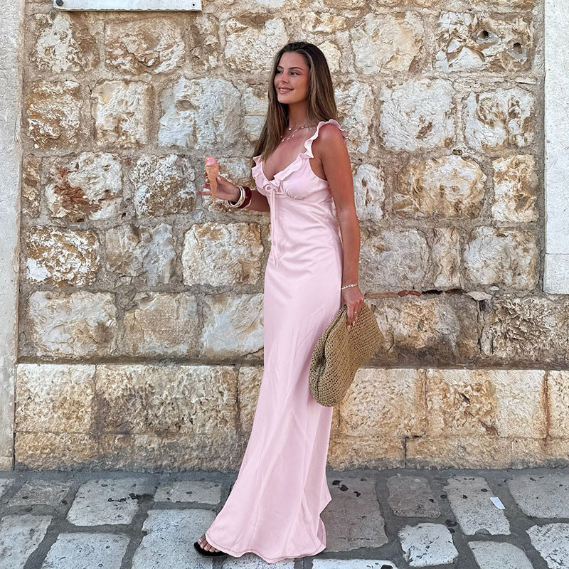 Solid Maxi Dress with Ruffled V-Neck and Tie Front