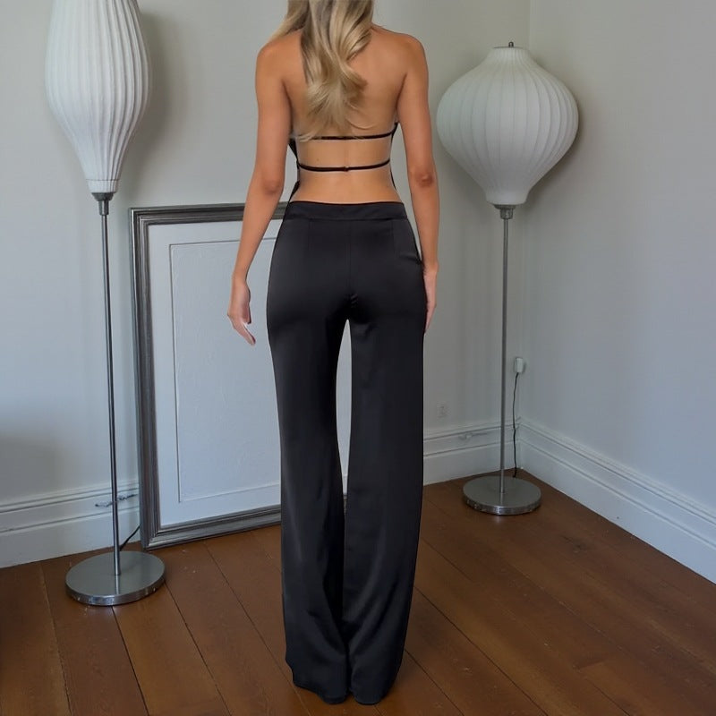 Slimming Solid Color Two-Piece Suit Vest Top Trousers Black