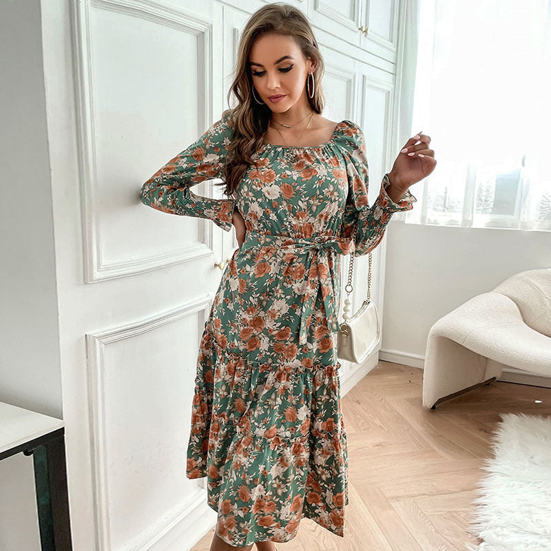 Floral Print Tiered Midi Dress with Square Neck and Tie Waist