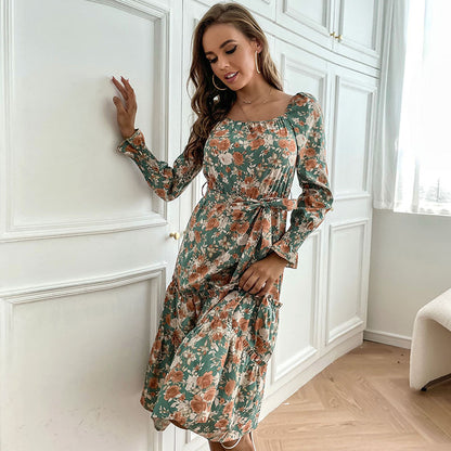 Floral Print Tiered Midi Dress with Square Neck and Tie Waist