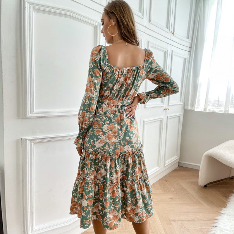 Floral Print Tiered Midi Dress with Square Neck and Tie Waist