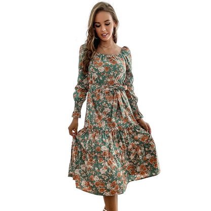 Floral Print Tiered Midi Dress with Square Neck and Tie Waist