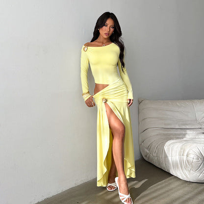 High-Waisted Long Sleeve Hollow-Out Shoulder Dress Solid Color