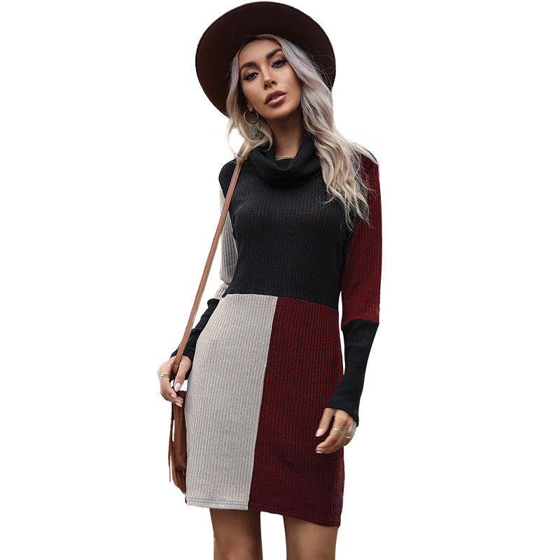 Color-Block Ribbed Knit Mini Dress with Turtleneck