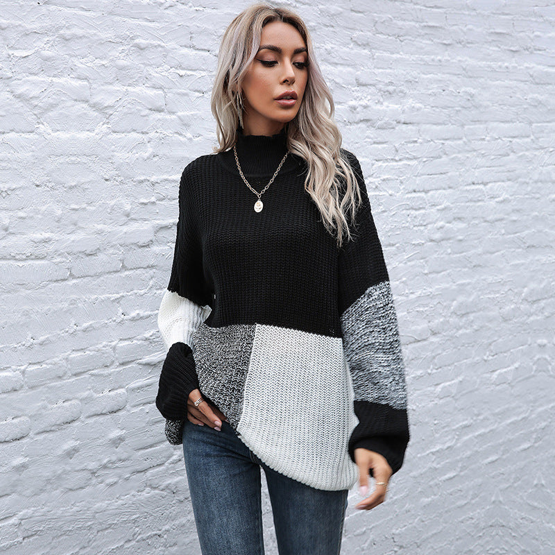 Oversized Color-Block Knit Sweater with Turtleneck