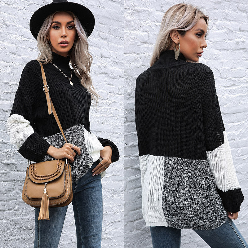 Oversized Color-Block Knit Sweater with Turtleneck