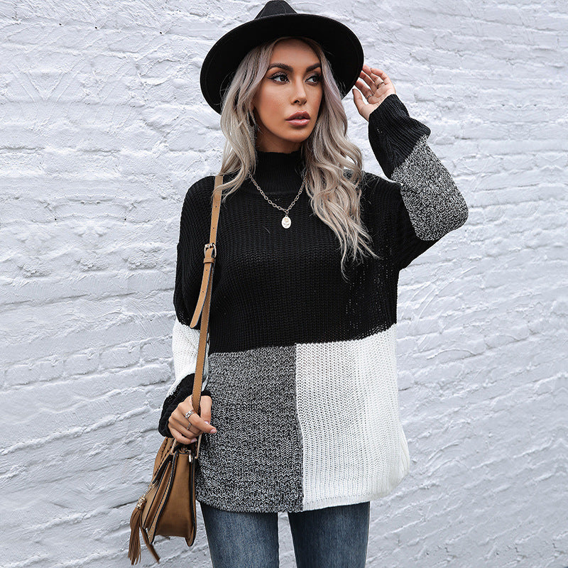 Oversized Color-Block Knit Sweater with Turtleneck