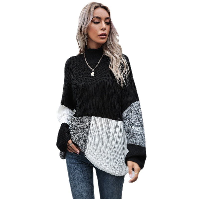 Oversized Color-Block Knit Sweater with Turtleneck