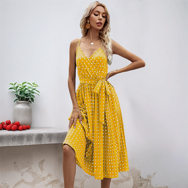Polka Dot Pleated Midi Dress with Spaghetti Straps and Tie-Waist