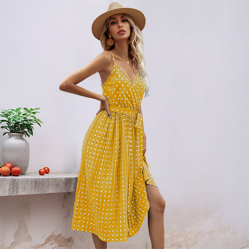 Polka Dot Pleated Midi Dress with Spaghetti Straps and Tie-Waist