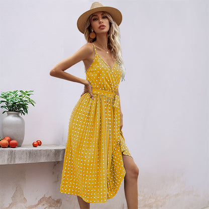 Polka Dot Pleated Midi Dress with Spaghetti Straps and Tie-Waist