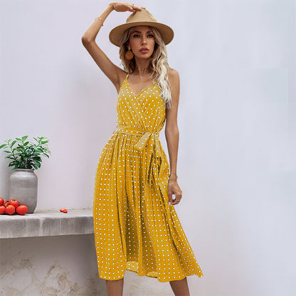 Polka Dot Pleated Midi Dress with Spaghetti Straps and Tie-Waist